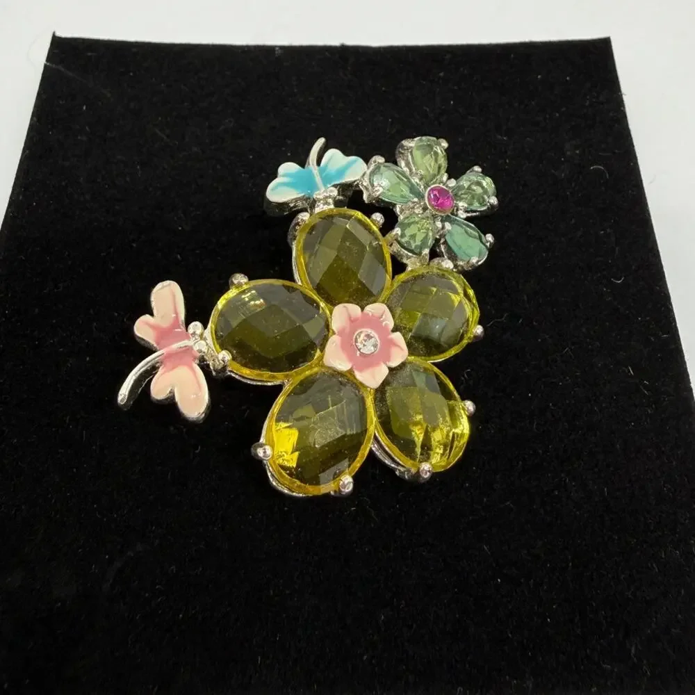 VINTAGE Butterfly Floral Brooch Pink Blue Enamel Green Yellow Crystal Flower Pin